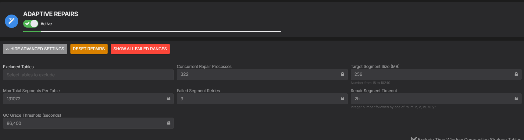 AxonOps adaptive repair policy showing the configured target segment size, maximum segment count per table, repair timeout, retries, concurrency, and gc_grace_seconds threshold.