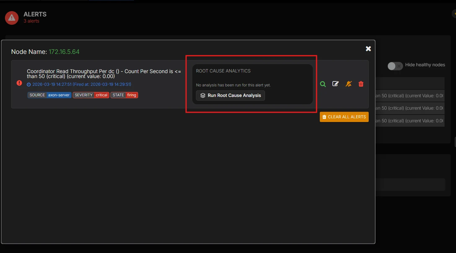 AxonOps alert screen showing a Cassandra alert with an option to run AI-assisted root cause analysis